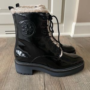 NIB Miller Shearling Patent Leather Lug Sole Boots